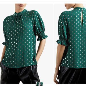 Ted Baker Jamiiee Puff Sleeve Foil Polka Dot Top Blouse Green Gold Size 5 Large